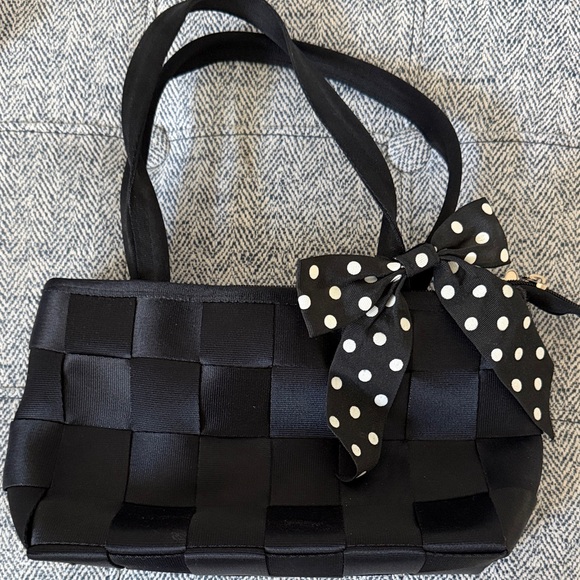 Handbags - Black Woven Ribbon Tote with Polka Dot Bow